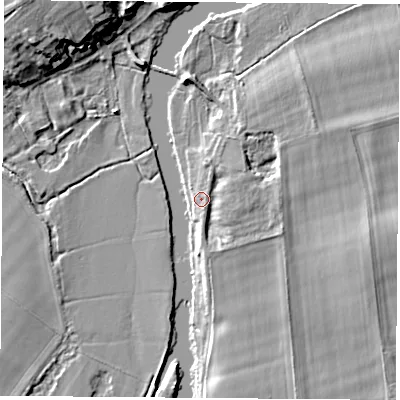 Shaded relief map of the ground around OX143EH, computed from Environment Agency LiDAR. The ground here sits at about 48 m above sea level and falls 11 m across the surrounding 800 m. Surface water reaching this point runs off ground lying to the east-north-east, 2.3 m higher.