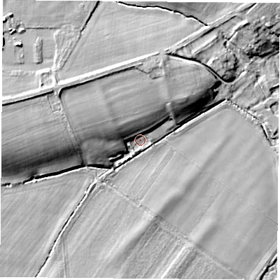 Shaded relief map of the ground around OX143EP, computed from Environment Agency LiDAR. The ground here sits at about 49 m above sea level and falls 12 m across the surrounding 800 m. Surface water reaching this point runs off ground lying to the west-north-west, 6.9 m higher.