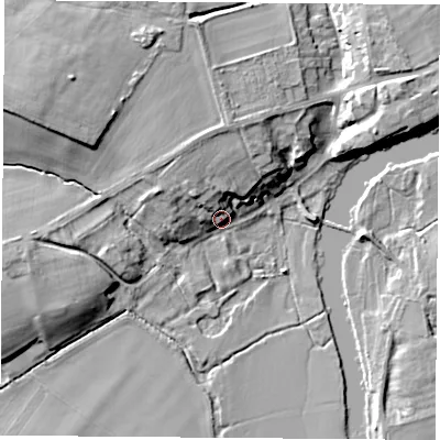 Shaded relief map of the ground around OX143EQ, computed from Environment Agency LiDAR. The ground here sits at about 51 m above sea level and falls 13 m across the surrounding 800 m. Surface water reaching this point runs off ground lying to the north-west, 6.9 m higher.
