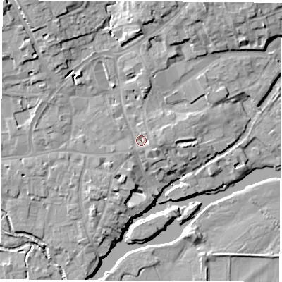 Shaded relief map of the ground around OX143ER, computed from Environment Agency LiDAR. The ground here sits at about 54 m above sea level and falls 12 m across the surrounding 800 m. Surface water reaching this point runs off ground lying to the east-south-east, 1.9 m higher.