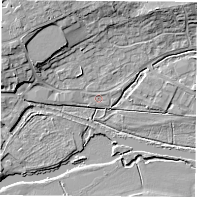 Shaded relief map of the ground around OX143GD, computed from Environment Agency LiDAR. The ground here sits at about 52 m above sea level and falls 12 m across the surrounding 800 m. Surface water reaching this point runs off ground lying to the north-north-west, 0.6 m higher.