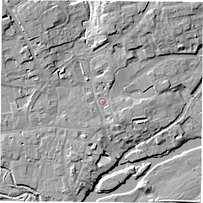 Shaded relief map of the ground around OX143GQ, computed from Environment Agency LiDAR. The ground here sits at about 54 m above sea level and falls 13 m across the surrounding 800 m. Surface water reaching this point runs off ground lying to the south-east, 2.6 m higher.