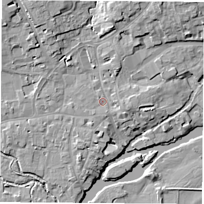 Shaded relief map of the ground around OX143HA, computed from Environment Agency LiDAR. The ground here sits at about 54 m above sea level and falls 13 m across the surrounding 800 m. Surface water reaching this point runs off ground lying to the east-south-east, 1.9 m higher.