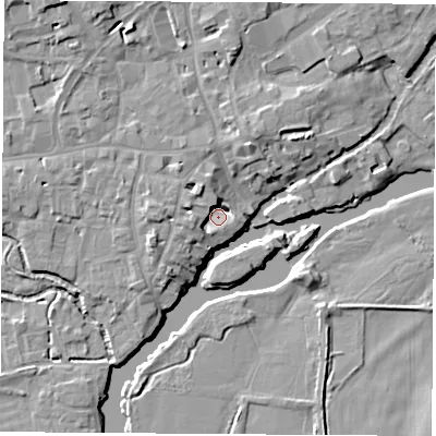 Shaded relief map of the ground around OX143HE, computed from Environment Agency LiDAR. The ground here sits at about 52 m above sea level and falls 10 m across the surrounding 800 m. Surface water reaching this point runs off ground lying to the west-north-west, 5.9 m higher.