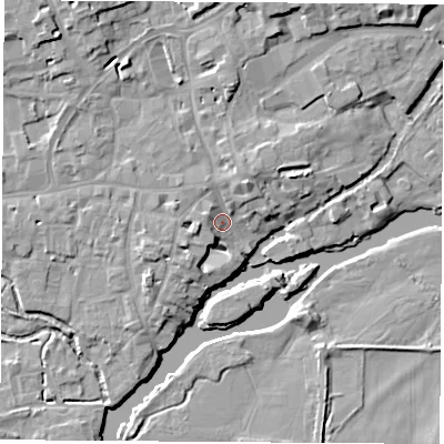 Shaded relief map of the ground around OX143HN, computed from Environment Agency LiDAR. The ground here sits at about 53 m above sea level and falls 11 m across the surrounding 800 m. Surface water reaching this point runs off ground lying to the north-north-east, 3.8 m higher.