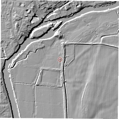 Shaded relief map of the ground around OX143HP, computed from Environment Agency LiDAR. The ground here sits at about 51 m above sea level and falls 7 m across the surrounding 800 m. Surface water reaching this point runs off ground lying to the east-north-east, 1.4 m higher.