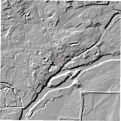 Shaded relief map of the ground around OX143HR, computed from Environment Agency LiDAR. The ground here sits at about 52 m above sea level and falls 11 m across the surrounding 800 m. Surface water reaching this point runs off ground lying to the north, 6.8 m higher.