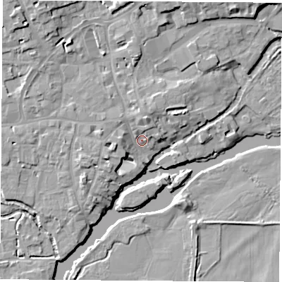 Shaded relief map of the ground around OX143HS, computed from Environment Agency LiDAR. The ground here sits at about 52 m above sea level and falls 11 m across the surrounding 800 m. Surface water reaching this point runs off ground lying to the north, 4.3 m higher.