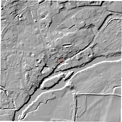 Shaded relief map of the ground around OX143HZ, computed from Environment Agency LiDAR. The ground here sits at about 51 m above sea level and falls 10 m across the surrounding 800 m. Surface water reaching this point runs off ground lying to the north-north-west, 6.5 m higher.