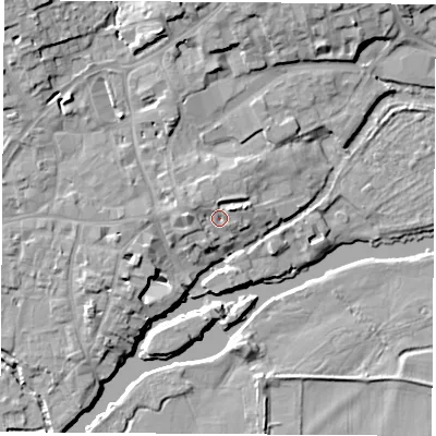 Shaded relief map of the ground around OX143JD, computed from Environment Agency LiDAR. The ground here sits at about 54 m above sea level and falls 11 m across the surrounding 800 m. Surface water reaching this point runs off ground lying to the west, 2.9 m higher.