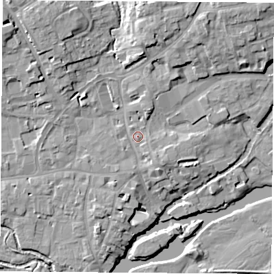 Shaded relief map of the ground around OX143JF, computed from Environment Agency LiDAR. The ground here sits at about 54 m above sea level and falls 13 m across the surrounding 800 m. Surface water reaching this point runs off ground lying to the south-east, 2.6 m higher.