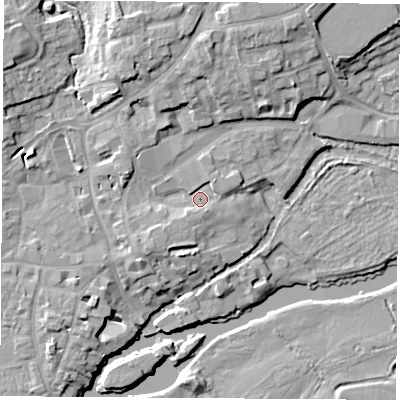 Shaded relief map of the ground around OX143JT, computed from Environment Agency LiDAR. The ground here sits at about 54 m above sea level and falls 12 m across the surrounding 800 m. Surface water reaching this point runs off ground lying to the north, 8.1 m higher.