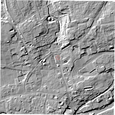 Shaded relief map of the ground around OX143JU, computed from Environment Agency LiDAR. The ground here sits at about 54 m above sea level and falls 13 m across the surrounding 800 m. Surface water reaching this point runs off ground lying to the north-north-east, 8.5 m higher.