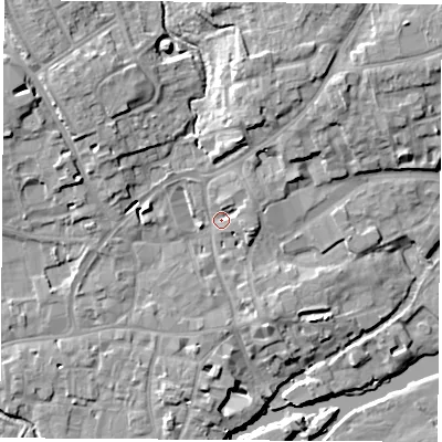 Shaded relief map of the ground around OX143JZ, computed from Environment Agency LiDAR. The ground here sits at about 54 m above sea level and falls 13 m across the surrounding 800 m. Surface water reaching this point runs off ground lying to the west-north-west, 8.5 m higher.