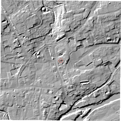 Shaded relief map of the ground around OX143LD, computed from Environment Agency LiDAR. The ground here sits at about 54 m above sea level and falls 13 m across the surrounding 800 m. Surface water reaching this point runs off ground lying to the north-west, 8.5 m higher.