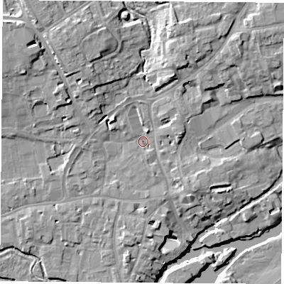 Shaded relief map of the ground around OX143LH, computed from Environment Agency LiDAR. The ground here sits at about 54 m above sea level and falls 13 m across the surrounding 800 m. Surface water reaching this point runs off ground lying to the south-east, 2.6 m higher.