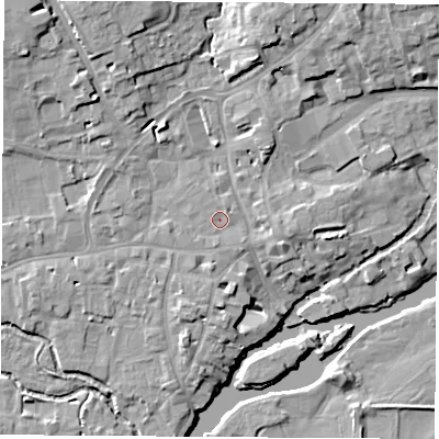 Shaded relief map of the ground around OX143LL, computed from Environment Agency LiDAR. The ground here sits at about 54 m above sea level and falls 13 m across the surrounding 800 m. Surface water reaching this point runs off ground lying to the south, 1.1 m higher.