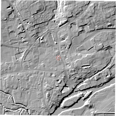Shaded relief map of the ground around OX143LN, computed from Environment Agency LiDAR. The ground here sits at about 54 m above sea level and falls 13 m across the surrounding 800 m. Surface water reaching this point runs off ground lying to the east-south-east, 2.6 m higher.