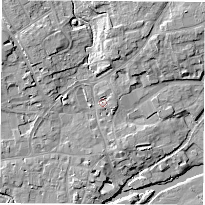 Shaded relief map of the ground around OX143LQ, computed from Environment Agency LiDAR. The ground here sits at about 54 m above sea level and falls 13 m across the surrounding 800 m. Surface water reaching this point runs off ground lying to the north-west, 8.5 m higher.