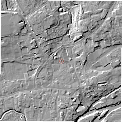 Shaded relief map of the ground around OX143LT, computed from Environment Agency LiDAR. The ground here sits at about 54 m above sea level and falls 14 m across the surrounding 800 m. Surface water reaching this point runs off ground lying to the south-east, 2.6 m higher.