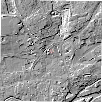 Shaded relief map of the ground around OX143LZ, computed from Environment Agency LiDAR. The ground here sits at about 55 m above sea level and falls 14 m across the surrounding 800 m. Surface water reaching this point runs off ground lying to the north-west, 8.5 m higher.