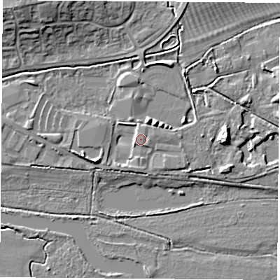 Shaded relief map of the ground around OX143NB, computed from Environment Agency LiDAR. The ground here sits at about 53 m above sea level and falls 10 m across the surrounding 800 m. Surface water reaching this point runs off ground lying to the north-east, 4.3 m higher.