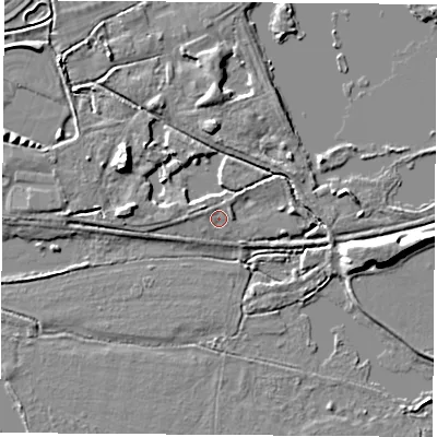 Shaded relief map of the ground around OX143NE, computed from Environment Agency LiDAR. The ground here sits at about 53 m above sea level and falls 8 m across the surrounding 800 m. Surface water reaching this point runs off ground lying to the west-north-west, 1.0 m higher.