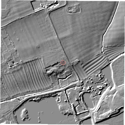 Shaded relief map of the ground around OX143NG, computed from Environment Agency LiDAR. The ground here sits at about 57 m above sea level and falls 10 m across the surrounding 800 m. Surface water reaching this point runs off ground lying to the north-north-west, 2.6 m higher.
