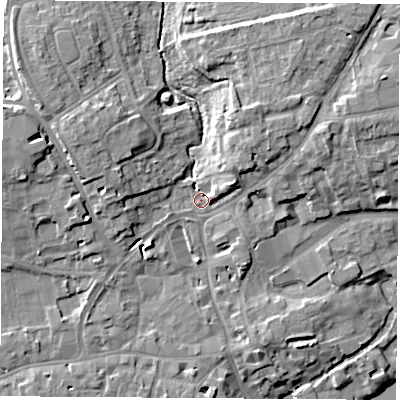 Shaded relief map of the ground around OX143NR, computed from Environment Agency LiDAR. The ground here sits at about 54 m above sea level and falls 13 m across the surrounding 800 m. Surface water reaching this point runs off ground lying to the north-north-east, 7.9 m higher.