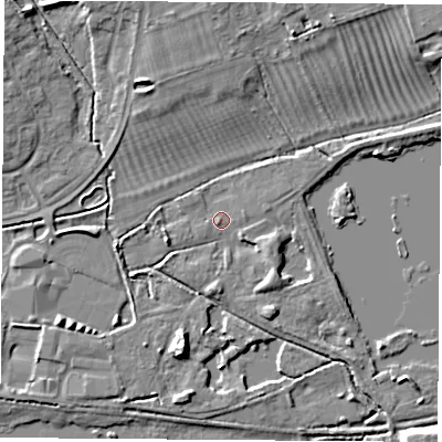 Shaded relief map of the ground around OX143NS, computed from Environment Agency LiDAR. The ground here sits at about 53 m above sea level and falls 8 m across the surrounding 800 m. Surface water reaching this point runs off ground lying to the north-north-east, 6.5 m higher.
