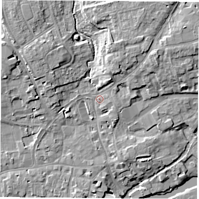 Shaded relief map of the ground around OX143PX, computed from Environment Agency LiDAR. The ground here sits at about 54 m above sea level and falls 12 m across the surrounding 800 m. Surface water reaching this point runs off ground lying to the north-north-east, 8.5 m higher.
