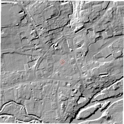 Shaded relief map of the ground around OX143QT, computed from Environment Agency LiDAR. The ground here sits at about 54 m above sea level and falls 14 m across the surrounding 800 m. Surface water reaching this point runs off ground lying to the west-north-west, 0.7 m higher.