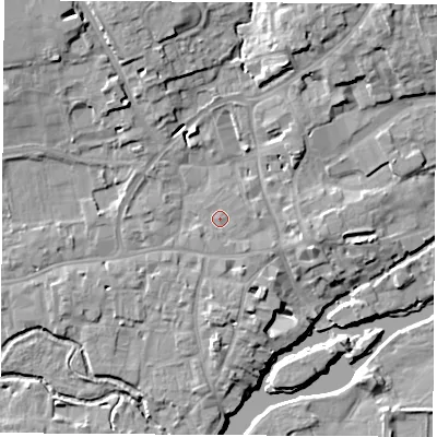 Shaded relief map of the ground around OX143QX, computed from Environment Agency LiDAR. The ground here sits at about 55 m above sea level and falls 13 m across the surrounding 800 m. The ground contributing surface water to this point lies to the south.