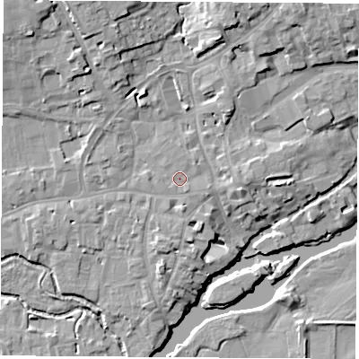 Shaded relief map of the ground around OX143QY, computed from Environment Agency LiDAR. The ground here sits at about 54 m above sea level and falls 13 m across the surrounding 800 m. Surface water reaching this point runs off ground lying to the south-south-east, 0.8 m higher.