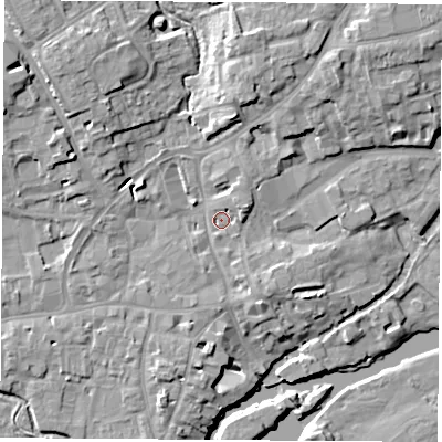 Shaded relief map of the ground around OX143RN, computed from Environment Agency LiDAR. The ground here sits at about 54 m above sea level and falls 13 m across the surrounding 800 m. Surface water reaching this point runs off ground lying to the north-west, 8.5 m higher.