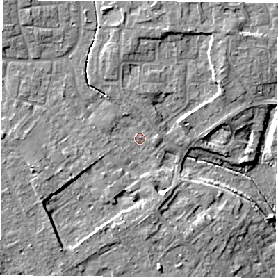 Shaded relief map of the ground around OX143TD, computed from Environment Agency LiDAR. The ground here sits at about 58 m above sea level and falls 9 m across the surrounding 800 m. Surface water reaching this point runs off ground lying to the west-south-west, 5.4 m higher.