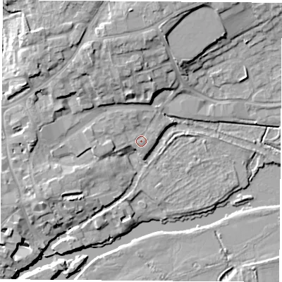 Shaded relief map of the ground around OX143ZB, computed from Environment Agency LiDAR. The ground here sits at about 53 m above sea level and falls 13 m across the surrounding 800 m. Surface water reaching this point runs off ground lying to the west, 1.9 m higher.