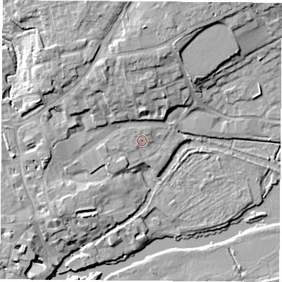 Shaded relief map of the ground around OX143ZD, computed from Environment Agency LiDAR. The ground here sits at about 54 m above sea level and falls 13 m across the surrounding 800 m. Surface water reaching this point runs off ground lying to the north, 1.3 m higher.