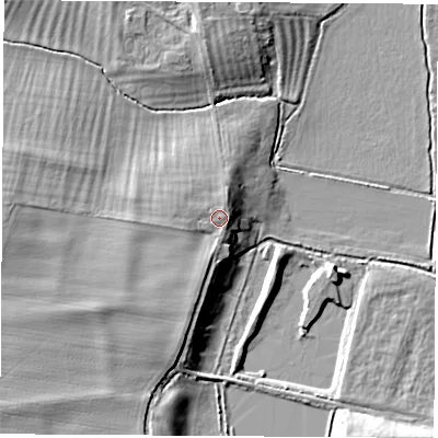Shaded relief map of the ground around OX144AB, computed from Environment Agency LiDAR. The ground here sits at about 56 m above sea level and falls 11 m across the surrounding 800 m. Surface water reaching this point runs off ground lying to the south-west, 2.0 m higher.