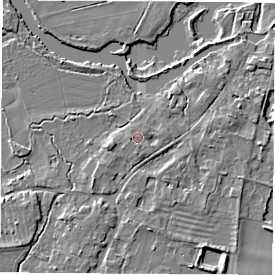 Shaded relief map of the ground around OX144AD, computed from Environment Agency LiDAR. The ground here sits at about 51 m above sea level and falls 6 m across the surrounding 800 m. Surface water reaching this point runs off ground lying to the south, 2.0 m higher.