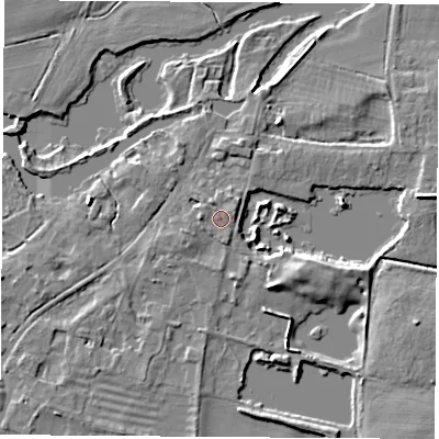 Shaded relief map of the ground around OX144AG, computed from Environment Agency LiDAR. The ground here sits at about 52 m above sea level and falls 8 m across the surrounding 800 m. Surface water reaching this point runs off ground lying to the west, 1.2 m higher.