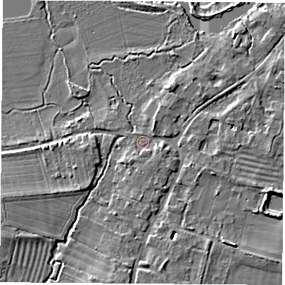 Shaded relief map of the ground around OX144AH, computed from Environment Agency LiDAR. The ground here sits at about 51 m above sea level and falls 8 m across the surrounding 800 m. Surface water reaching this point runs off ground lying to the south, 4.1 m higher.