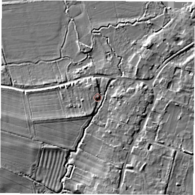 Shaded relief map of the ground around OX144AL, computed from Environment Agency LiDAR. The ground here sits at about 52 m above sea level and falls 7 m across the surrounding 800 m. Surface water reaching this point runs off ground lying to the south, 5.2 m higher.