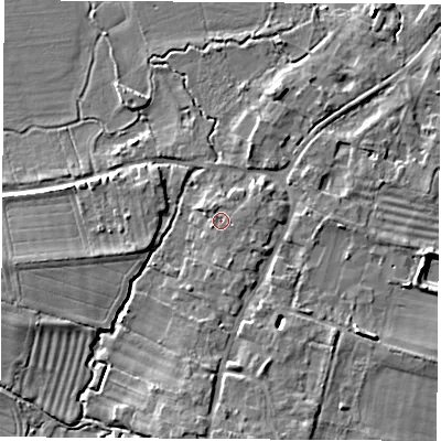 Shaded relief map of the ground around OX144AN, computed from Environment Agency LiDAR. The ground here sits at about 52 m above sea level and falls 7 m across the surrounding 800 m. Surface water reaching this point runs off ground lying to the north-west, 0.8 m higher.