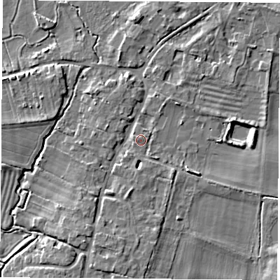 Shaded relief map of the ground around OX144AW, computed from Environment Agency LiDAR. The ground here sits at about 52 m above sea level and falls 7 m across the surrounding 800 m. Surface water reaching this point runs off ground lying to the south, 2.5 m higher.