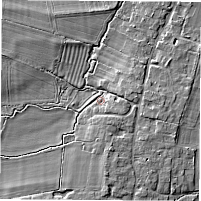Shaded relief map of the ground around OX144BE, computed from Environment Agency LiDAR. The ground here sits at about 54 m above sea level and falls 7 m across the surrounding 800 m. Surface water reaching this point runs off ground lying to the south, 5.1 m higher.
