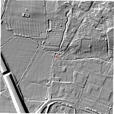 Shaded relief map of the ground around OX144DX, computed from Environment Agency LiDAR. The ground here sits at about 58 m above sea level and falls 14 m across the surrounding 800 m. Surface water reaching this point runs off ground lying to the south-south-west, 0.8 m higher.