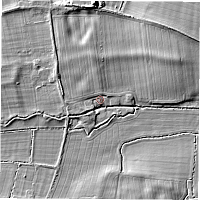 Shaded relief map of the ground around OX144EF, computed from Environment Agency LiDAR. The ground here sits at about 56 m above sea level and falls 10 m across the surrounding 800 m. Surface water reaching this point runs off ground lying to the west-north-west, 4.4 m higher.