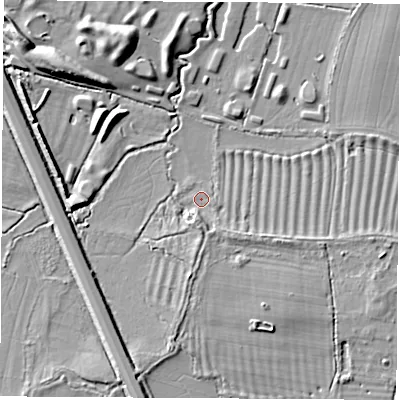 Shaded relief map of the ground around OX144EP, computed from Environment Agency LiDAR. The ground here sits at about 59 m above sea level and falls 11 m across the surrounding 800 m. Surface water reaching this point runs off ground lying to the south, 2.8 m higher.