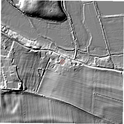 Shaded relief map of the ground around OX144HB, computed from Environment Agency LiDAR. The ground here sits at about 53 m above sea level and falls 14 m across the surrounding 800 m. Surface water reaching this point runs off ground lying to the south, 2.6 m higher.